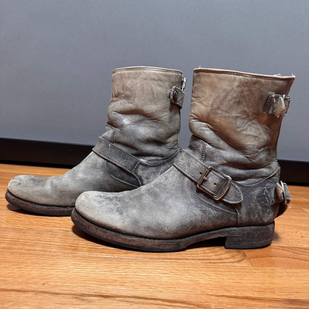 Distressed Gray Frye Leather Ankle Boots
